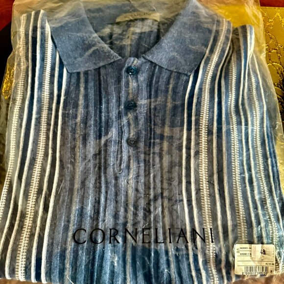 NEW-Corneliani Silk Linen Striped 3-Button Polo Shirt Mens Size 48, $575RT - Picture 3 of 12
